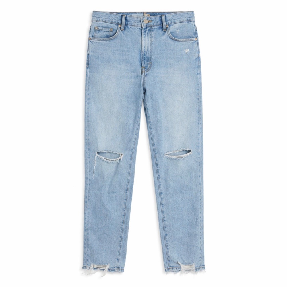 Good American Distressed Straight Leg Jeans 10/30 Light Wash Raw Hem